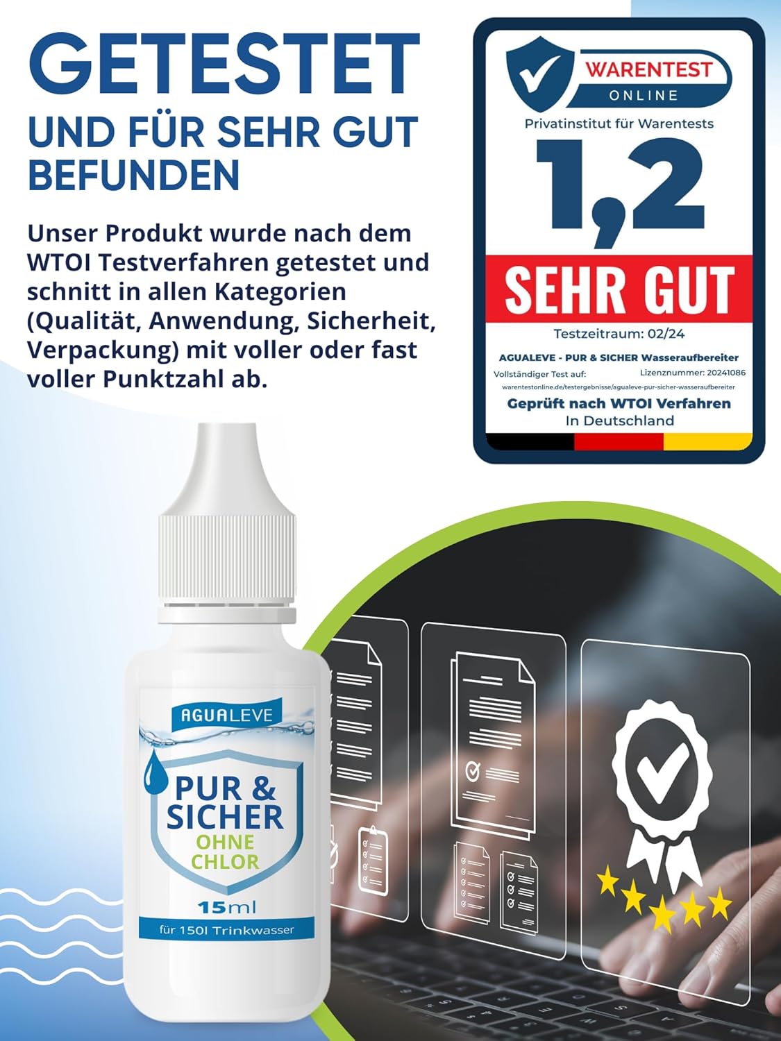Trinkwasseraufbereitung ohne Chlor (15 ml, 100 ml oder 500 ml) AGUALEVE PUR & SICHER
