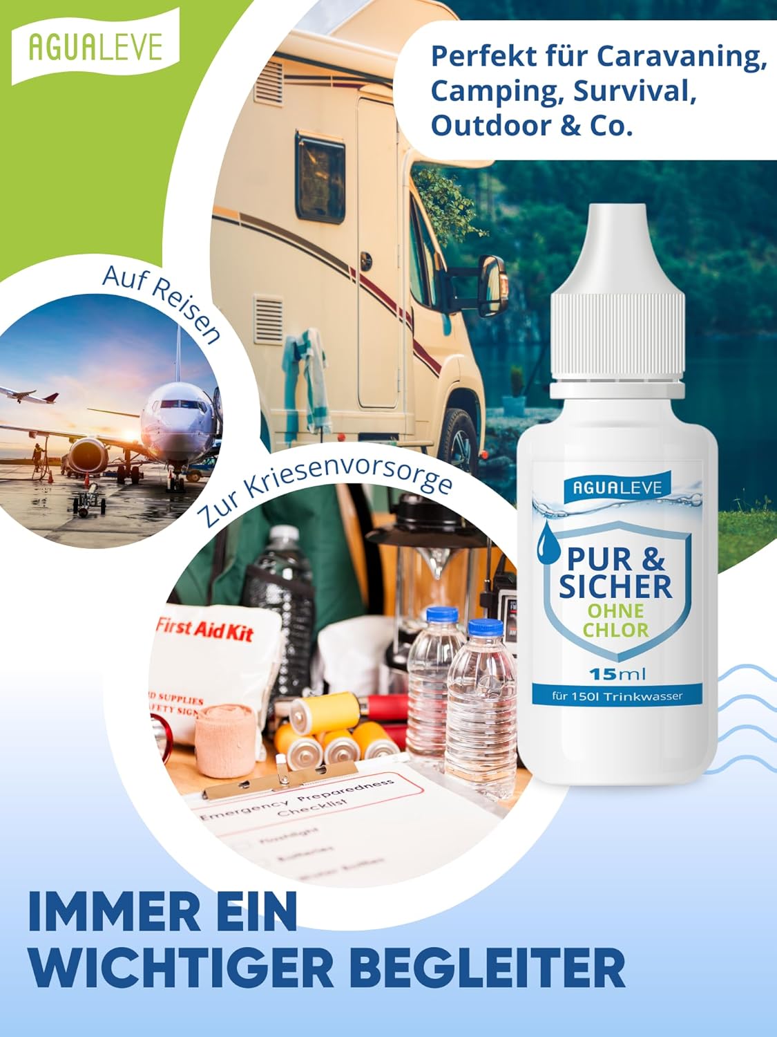 Trinkwasseraufbereitung ohne Chlor (15 ml, 100 ml oder 500 ml) AGUALEVE PUR & SICHER