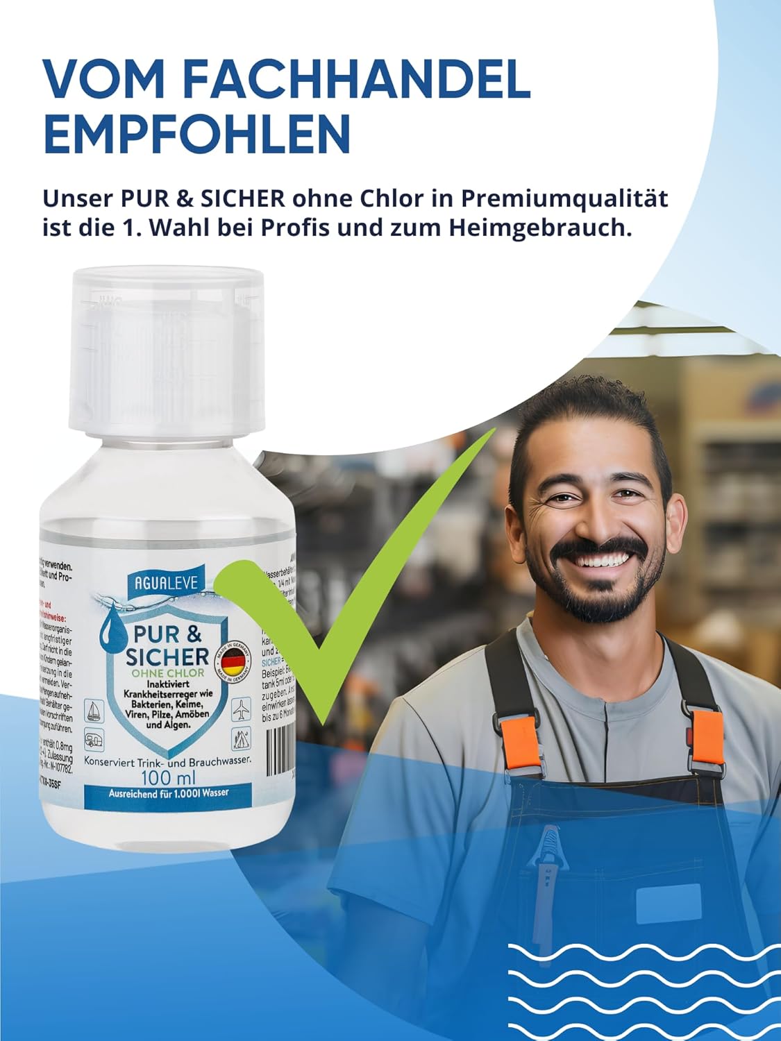 Trinkwasseraufbereitung ohne Chlor (15 ml, 100 ml oder 500 ml) AGUALEVE PUR & SICHER