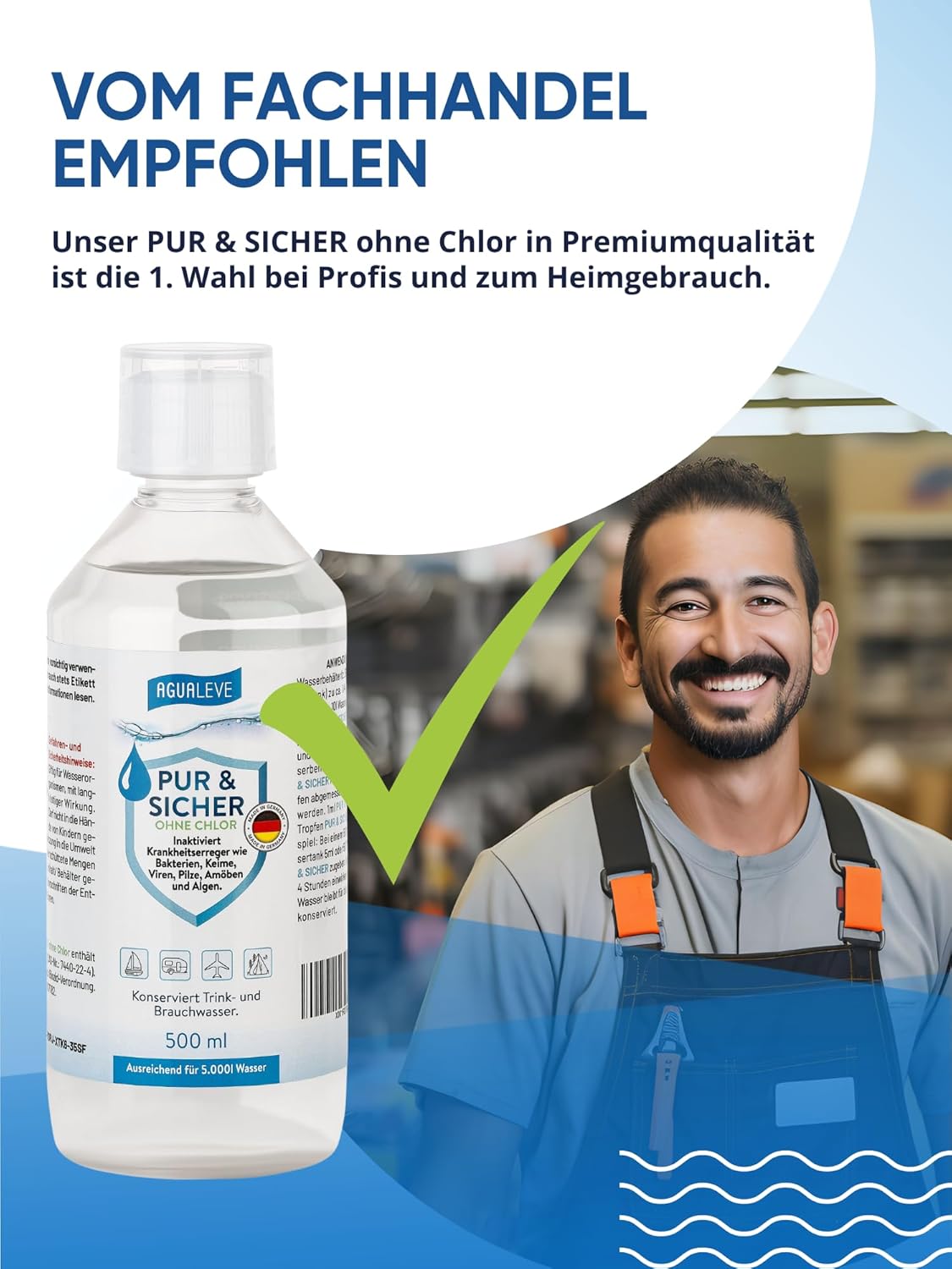 Trinkwasseraufbereitung ohne Chlor (15 ml, 100 ml oder 500 ml) AGUALEVE PUR & SICHER