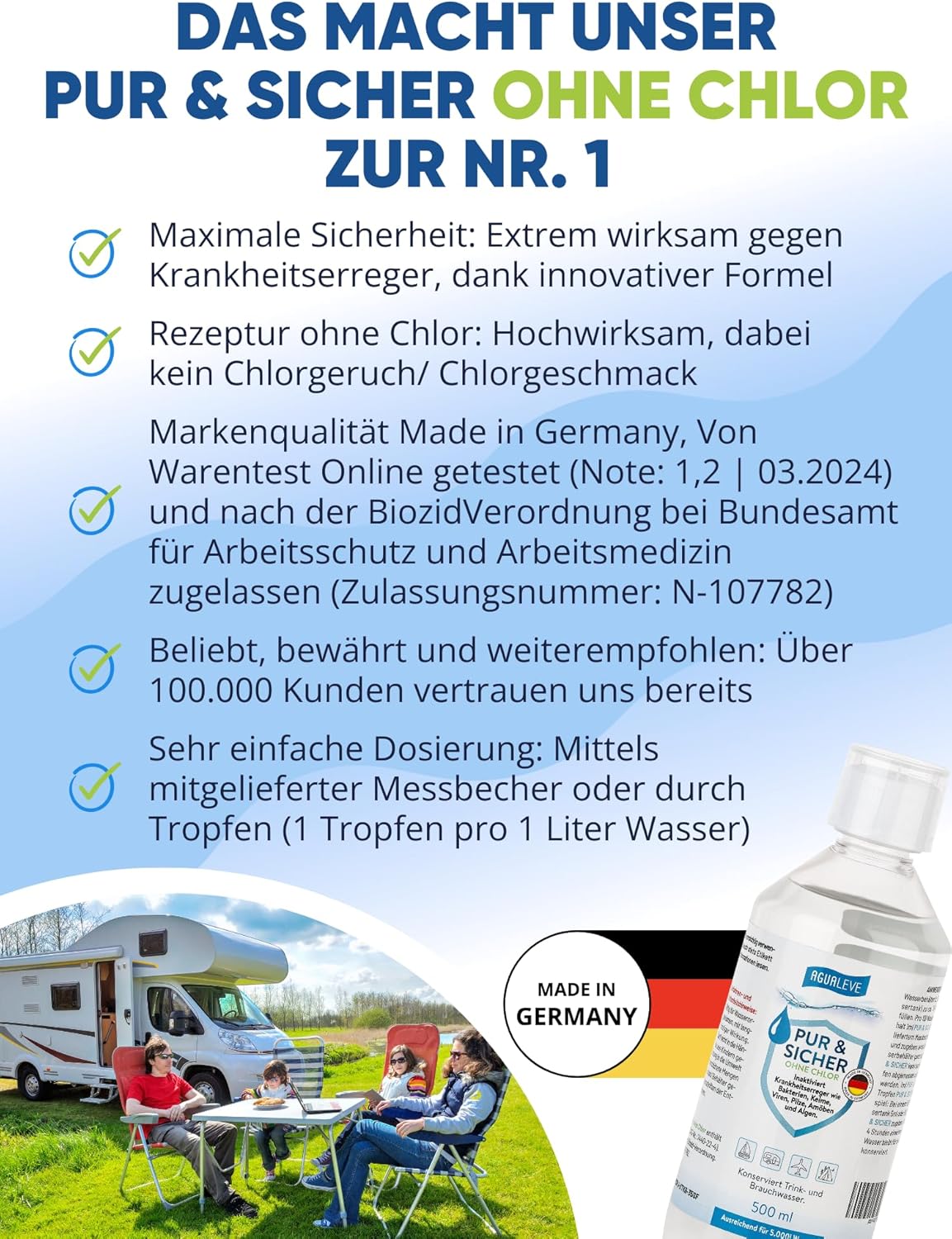 Trinkwasseraufbereitung ohne Chlor (15 ml, 100 ml oder 500 ml) AGUALEVE PUR & SICHER