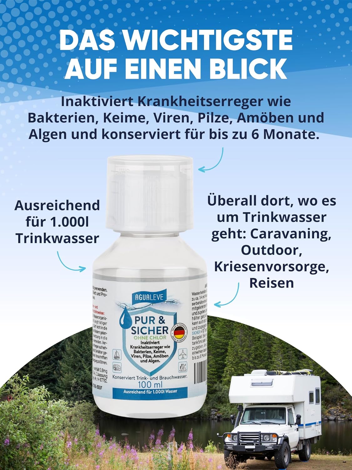 Trinkwasseraufbereitung ohne Chlor (15 ml, 100 ml oder 500 ml) AGUALEVE PUR & SICHER