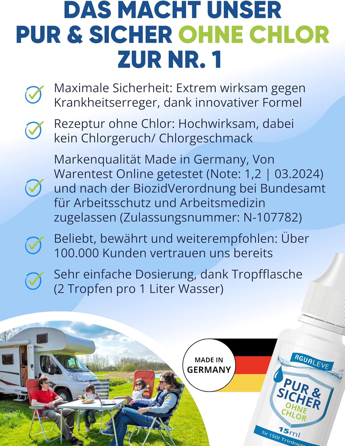 Trinkwasseraufbereitung ohne Chlor (15 ml, 100 ml oder 500 ml) AGUALEVE PUR & SICHER