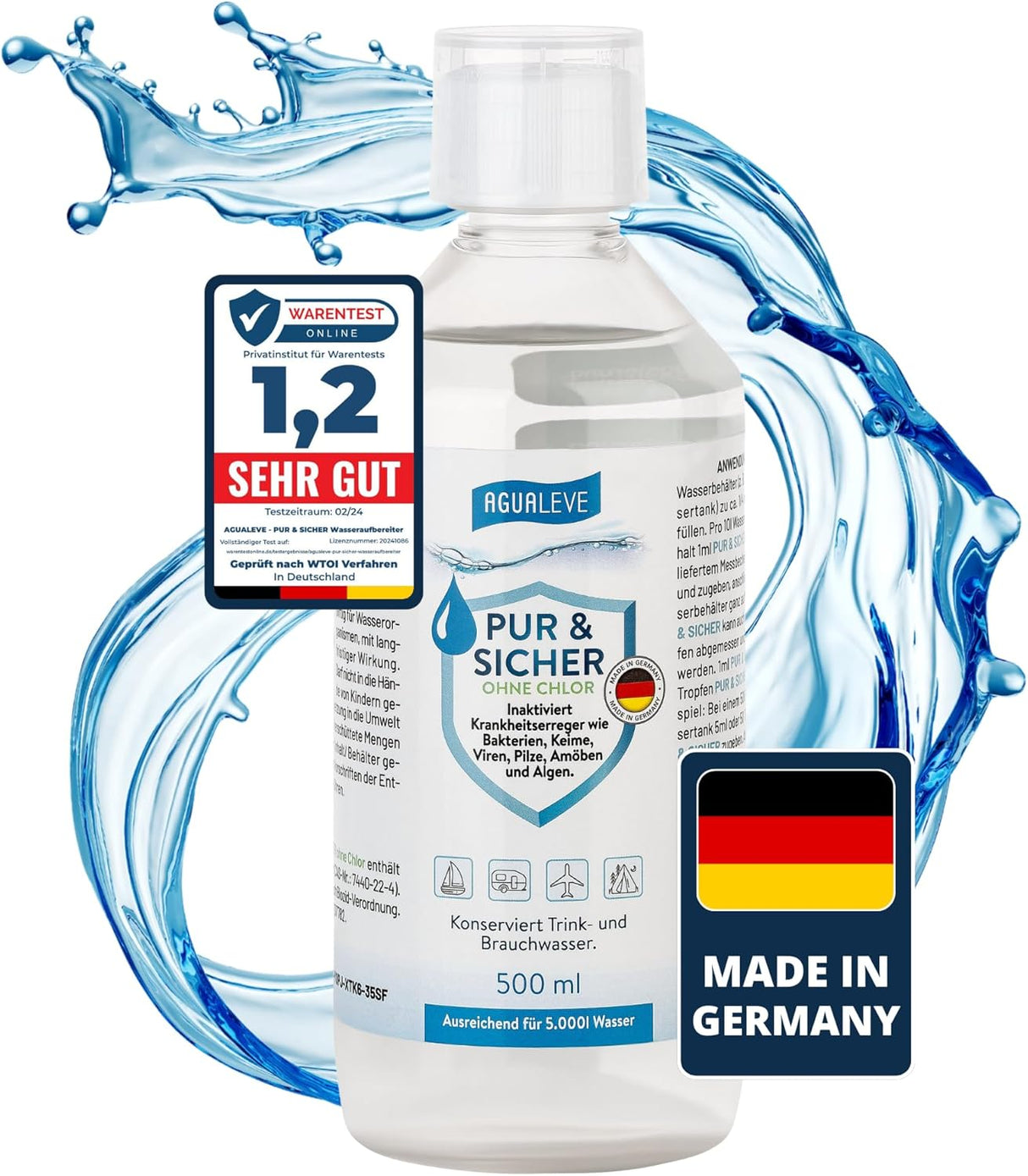 Trinkwasseraufbereitung ohne Chlor (15 ml, 100 ml oder 500 ml) AGUALEVE PUR & SICHER