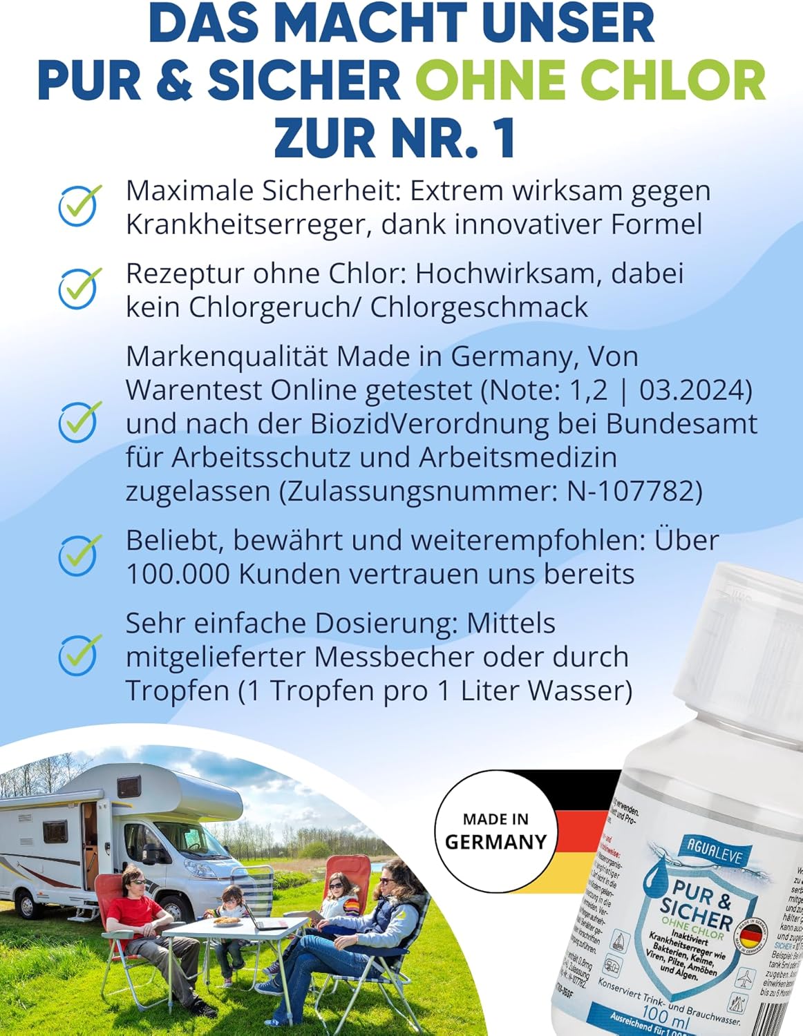 Trinkwasseraufbereitung ohne Chlor (15 ml, 100 ml oder 500 ml) AGUALEVE PUR & SICHER