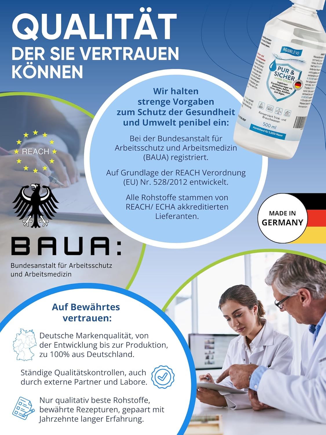 Trinkwasseraufbereitung ohne Chlor (15 ml, 100 ml oder 500 ml) AGUALEVE PUR & SICHER