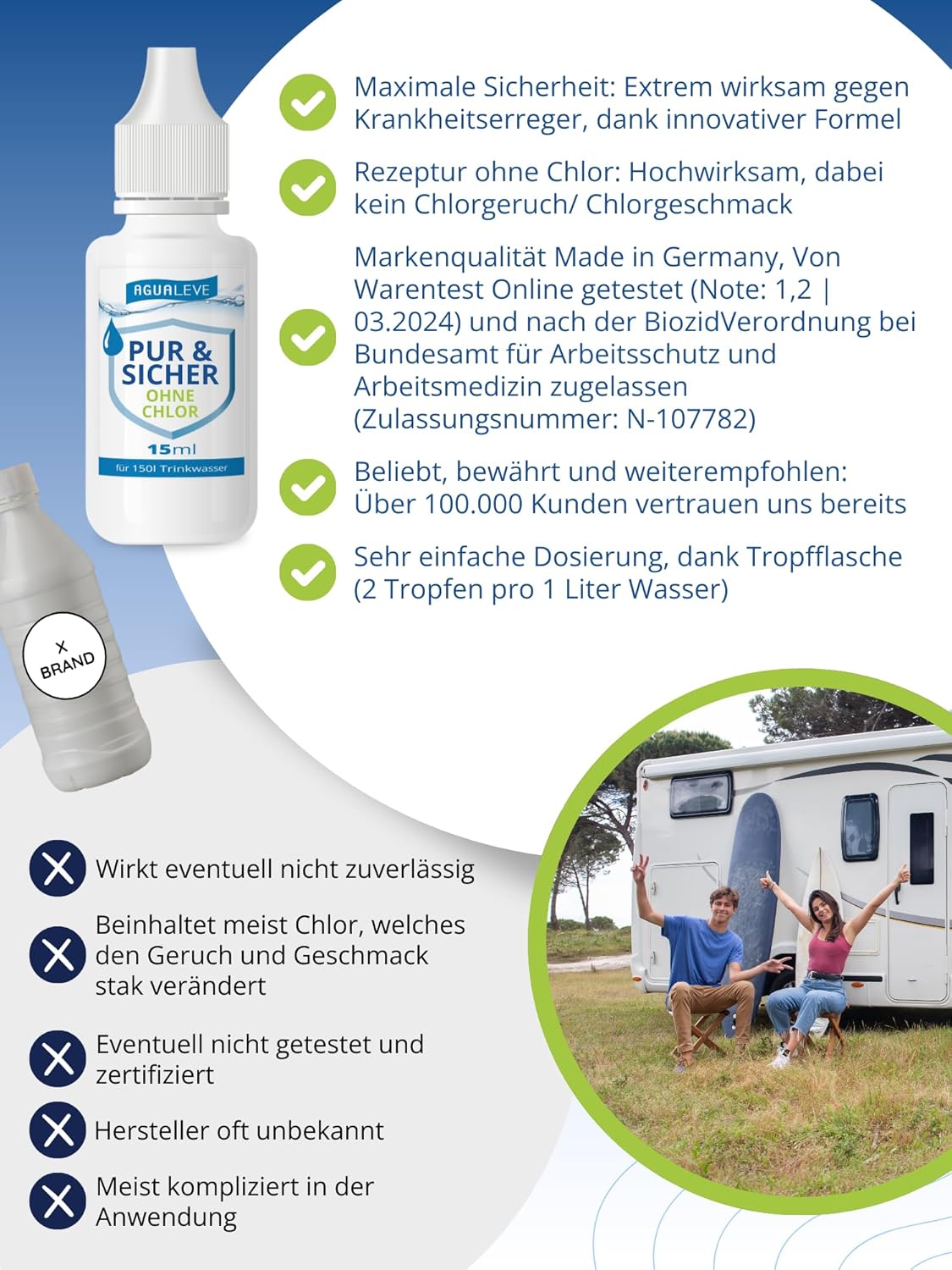 Trinkwasseraufbereitung ohne Chlor (15 ml, 100 ml oder 500 ml) AGUALEVE PUR & SICHER