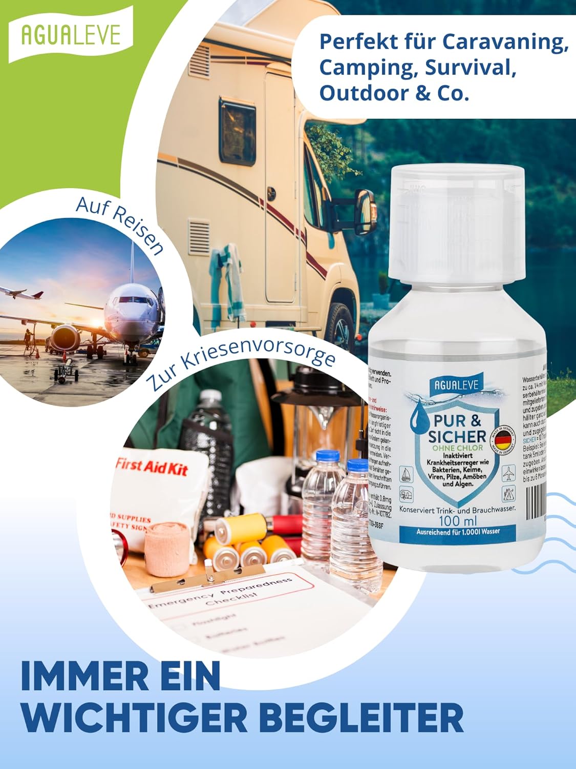 Trinkwasseraufbereitung ohne Chlor (15 ml, 100 ml oder 500 ml) AGUALEVE PUR & SICHER