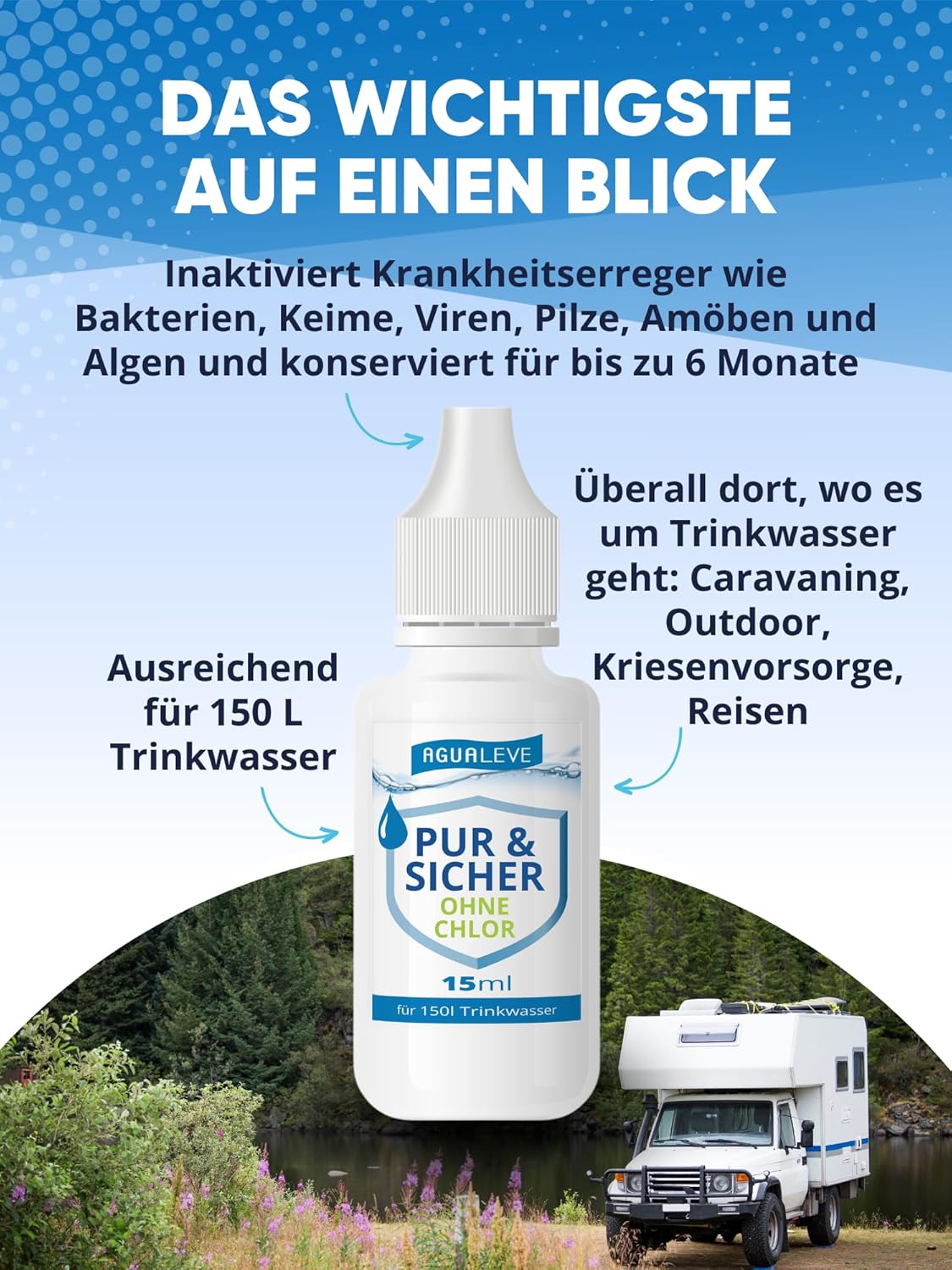 Trinkwasseraufbereitung ohne Chlor (15 ml, 100 ml oder 500 ml) AGUALEVE PUR & SICHER