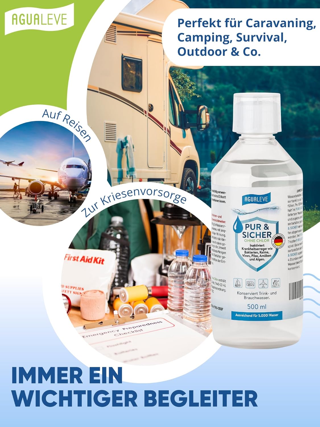 Trinkwasseraufbereitung ohne Chlor (15 ml, 100 ml oder 500 ml) AGUALEVE PUR & SICHER