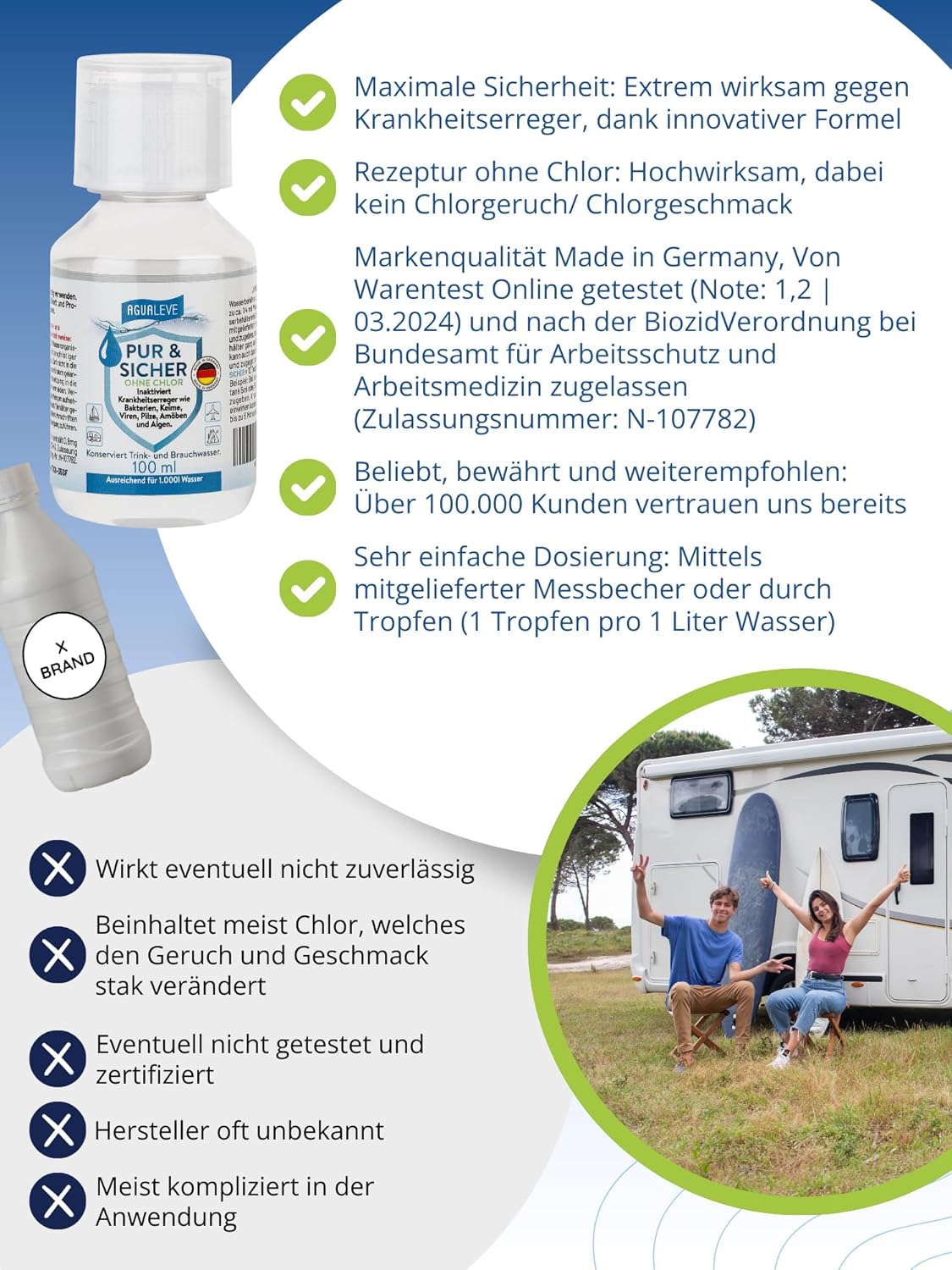 Trinkwasseraufbereitung ohne Chlor (15 ml, 100 ml oder 500 ml) AGUALEVE PUR & SICHER