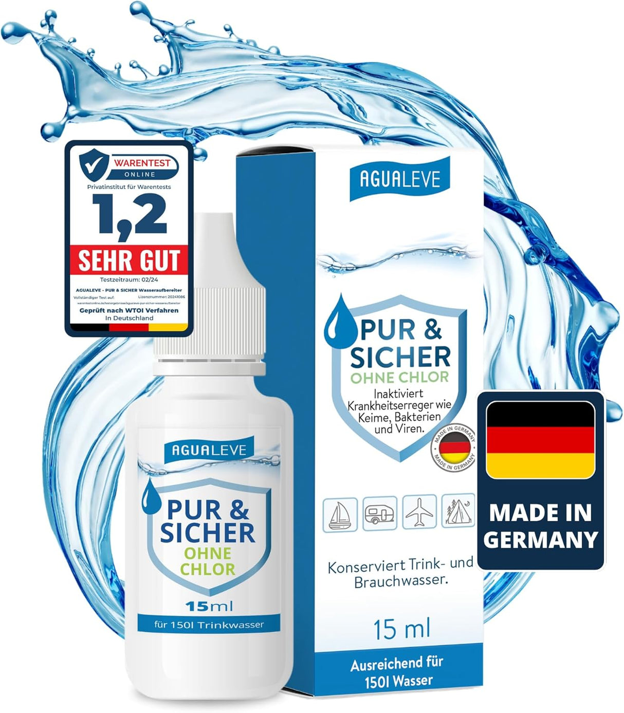 Trinkwasseraufbereitung ohne Chlor (15 ml, 100 ml oder 500 ml) AGUALEVE PUR & SICHER
