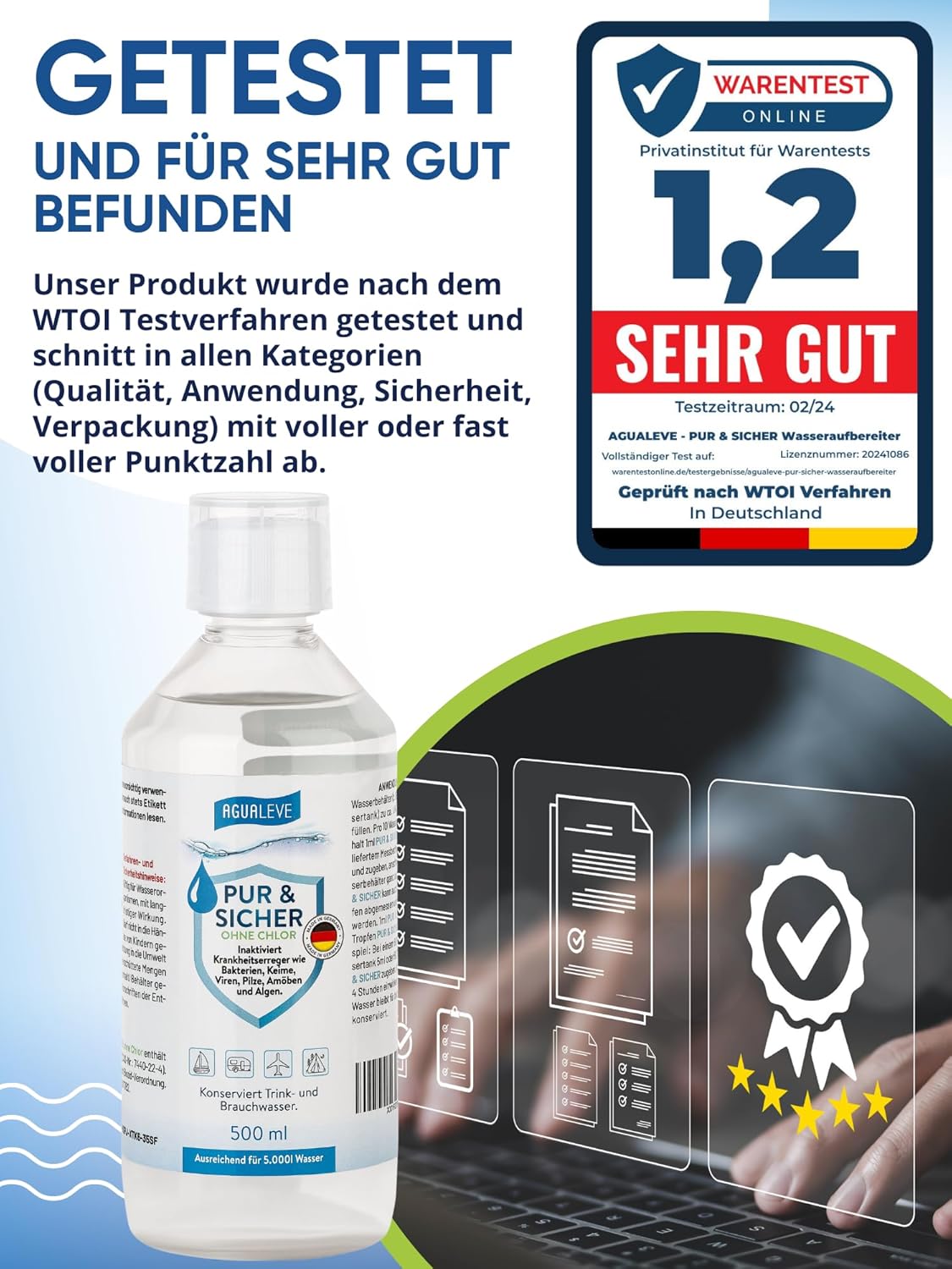 Trinkwasseraufbereitung ohne Chlor (15 ml, 100 ml oder 500 ml) AGUALEVE PUR & SICHER