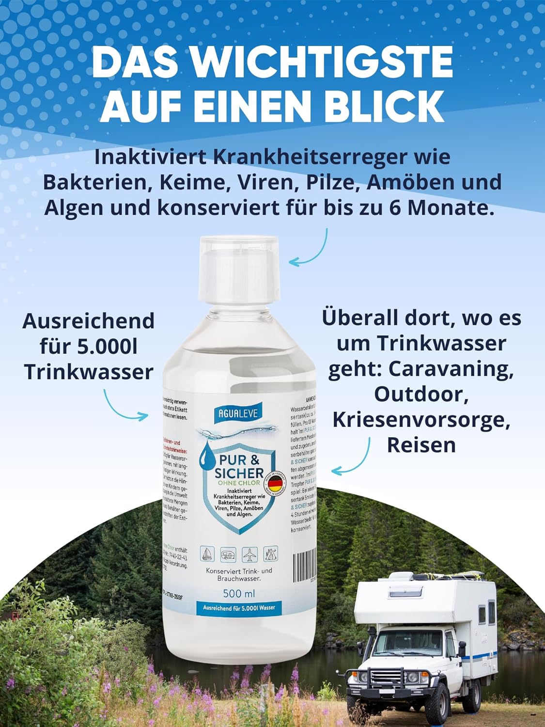 Trinkwasseraufbereitung ohne Chlor (15 ml, 100 ml oder 500 ml) AGUALEVE PUR & SICHER