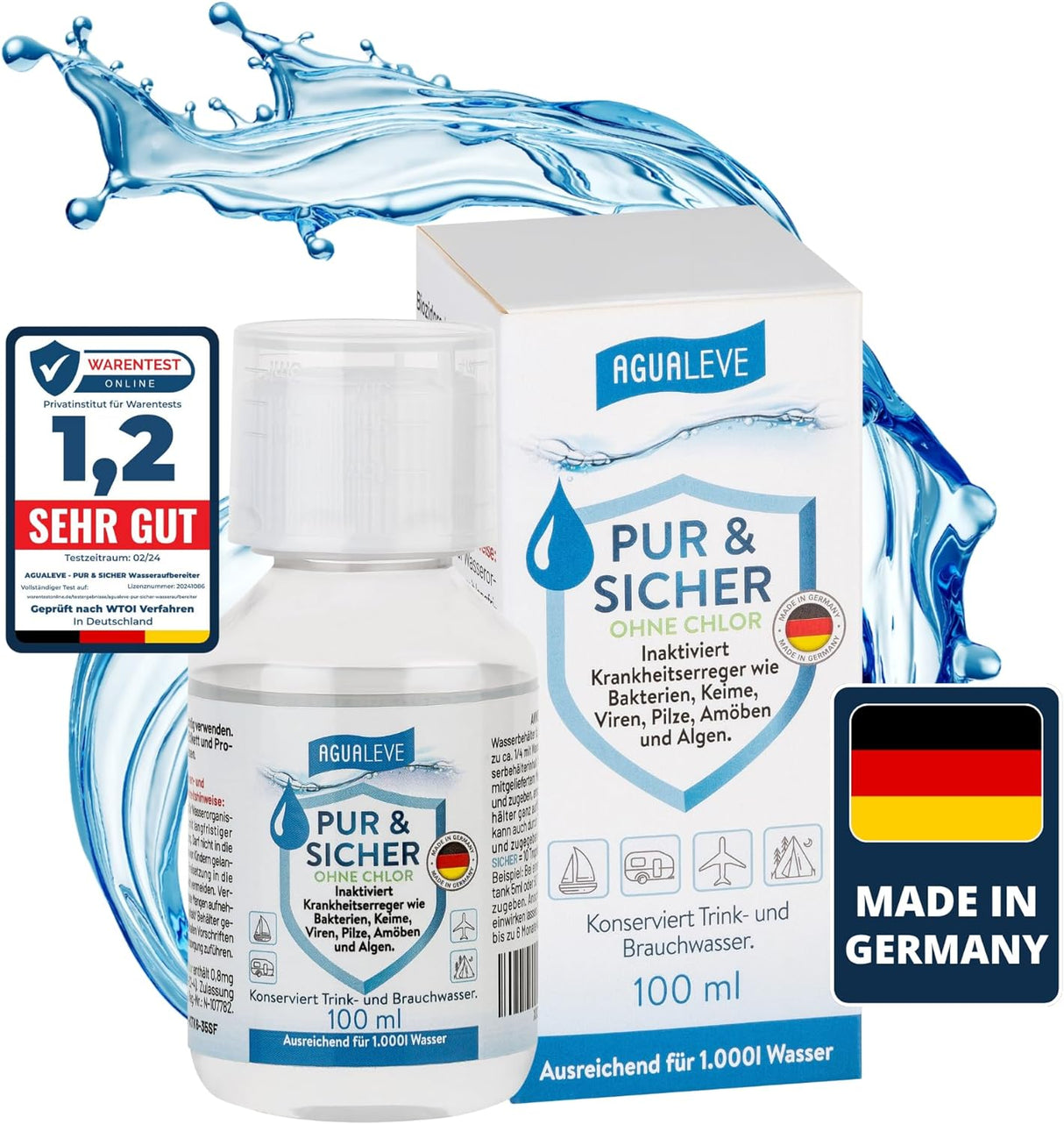 Trinkwasseraufbereitung ohne Chlor (15 ml, 100 ml oder 500 ml) AGUALEVE PUR & SICHER