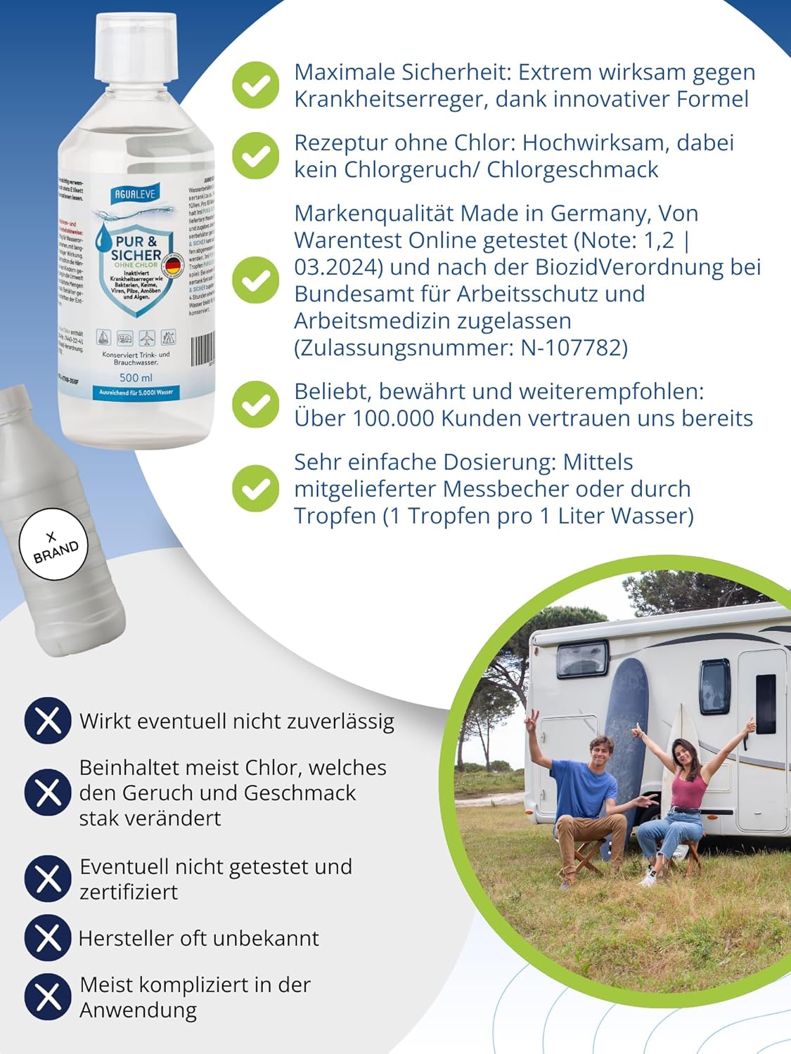 Trinkwasseraufbereitung ohne Chlor (15 ml, 100 ml oder 500 ml) AGUALEVE PUR & SICHER