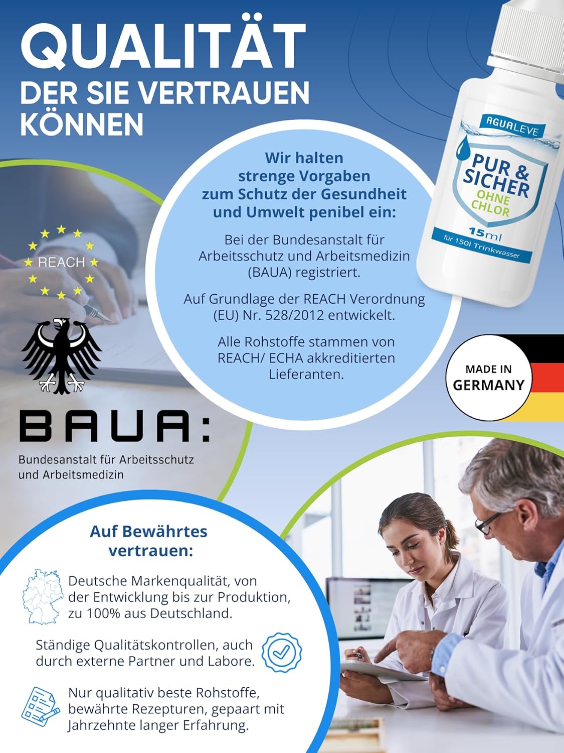 Trinkwasseraufbereitung ohne Chlor (15 ml, 100 ml oder 500 ml) AGUALEVE PUR & SICHER