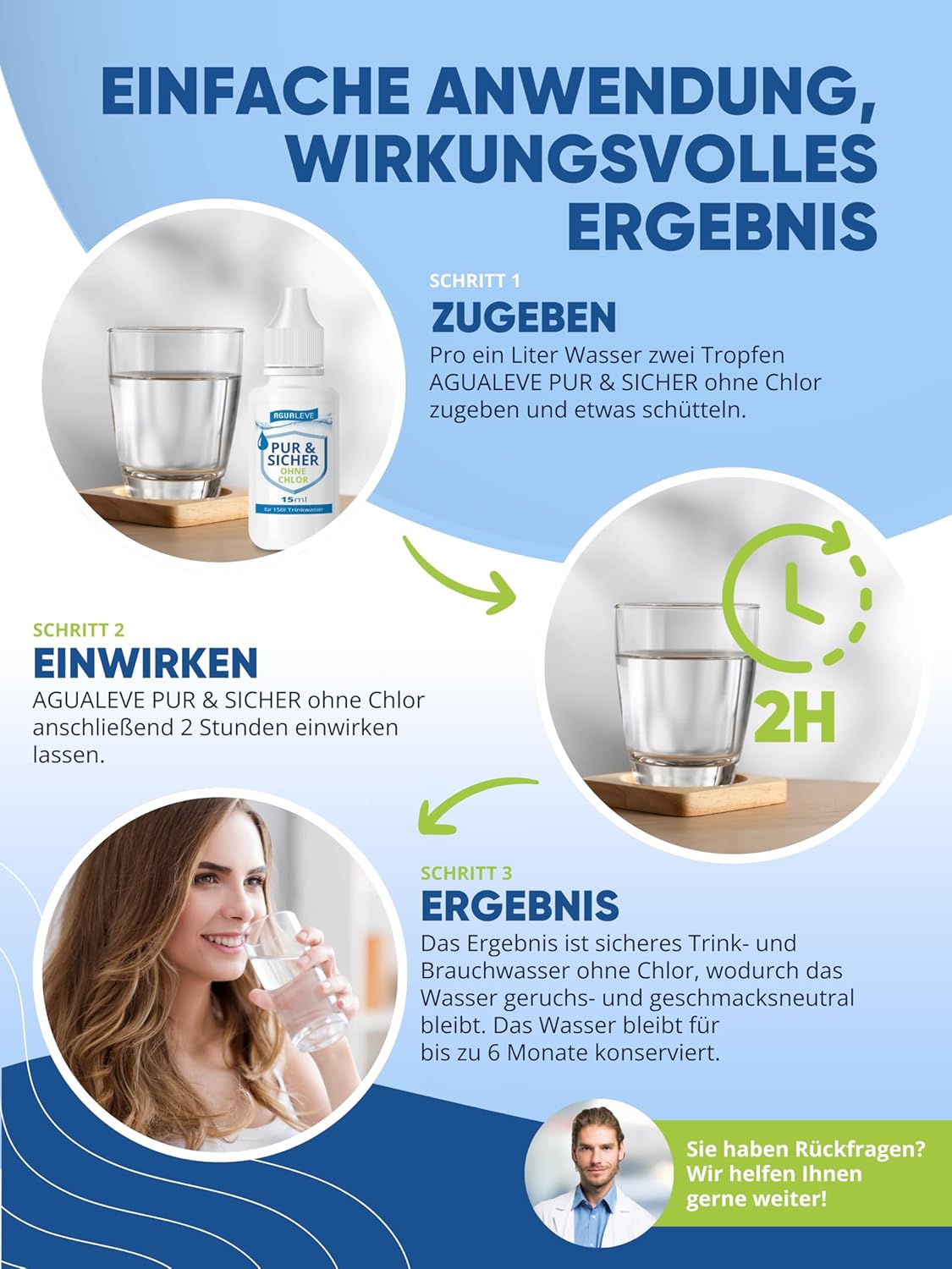Trinkwasseraufbereitung ohne Chlor (15 ml, 100 ml oder 500 ml) AGUALEVE PUR & SICHER