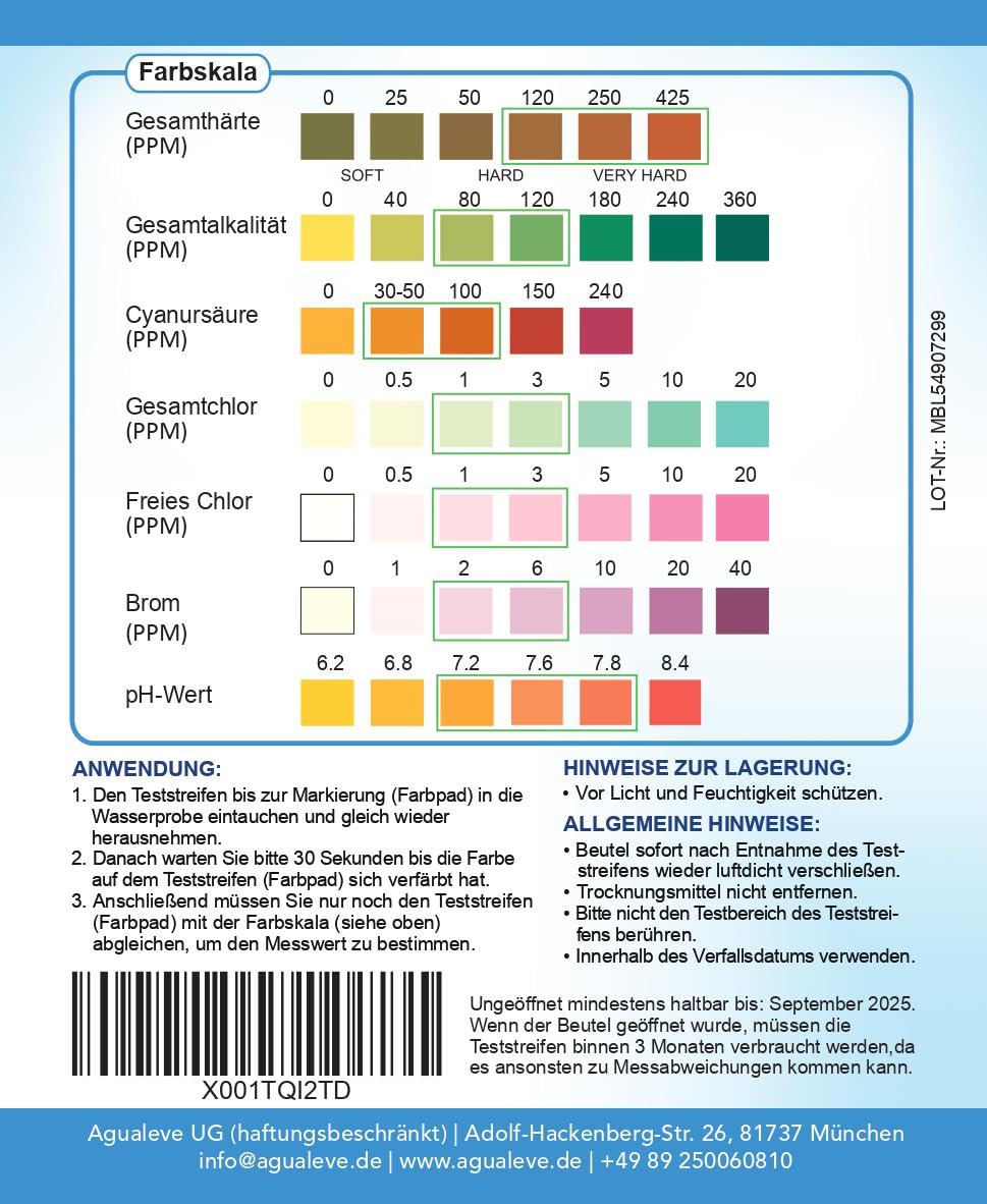 AGUALEVE 7 in 1 Pool-Teststreifen 25 Stück (Gesamthärte, Gesamtalkalität, Cyanursäure, Gesamtchlor, Freies Chlor, Brom und pH-Wert)
