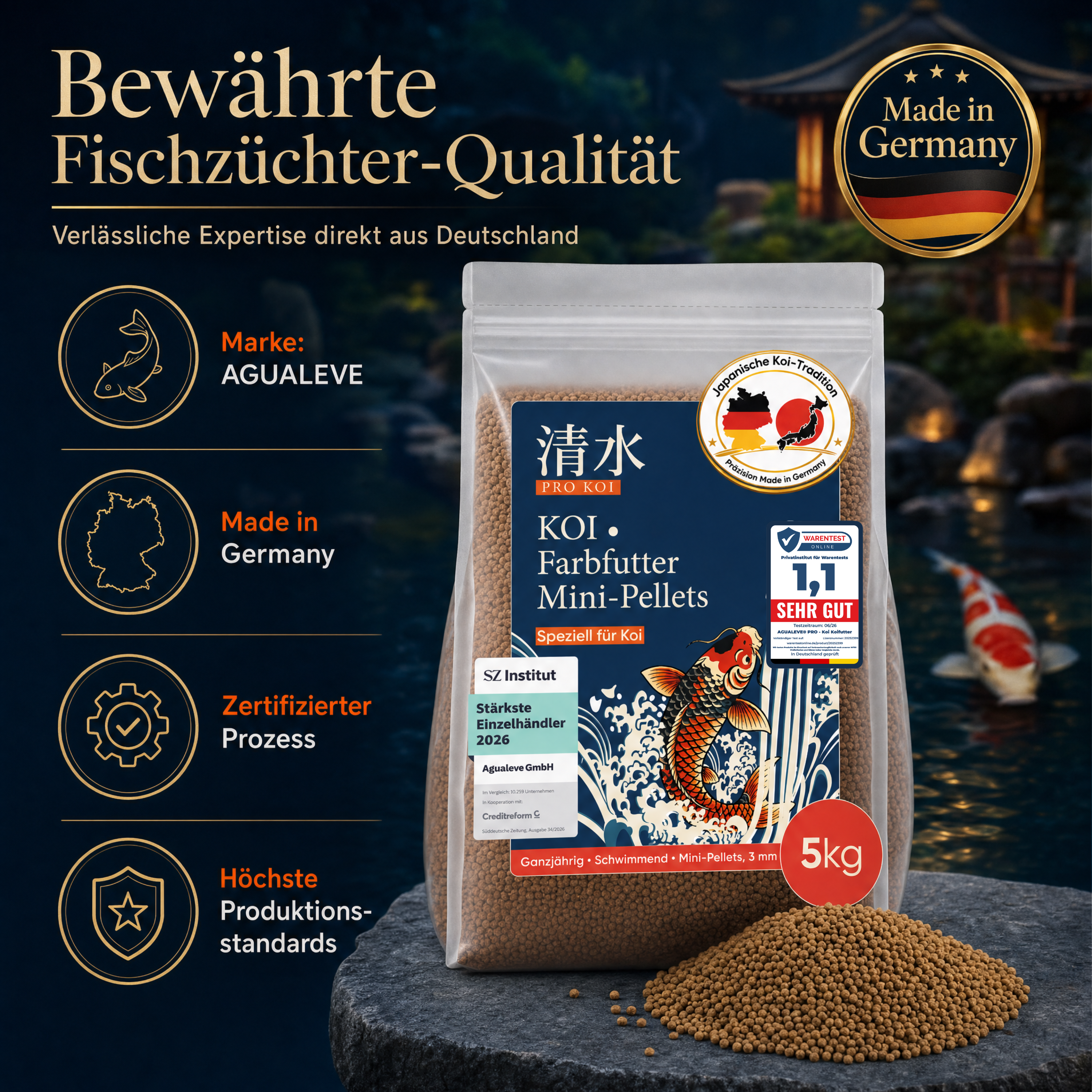 PRO KOI Farbfutter Mini-Pellets ganzjährig | schwimmende Pellets 3 mm
