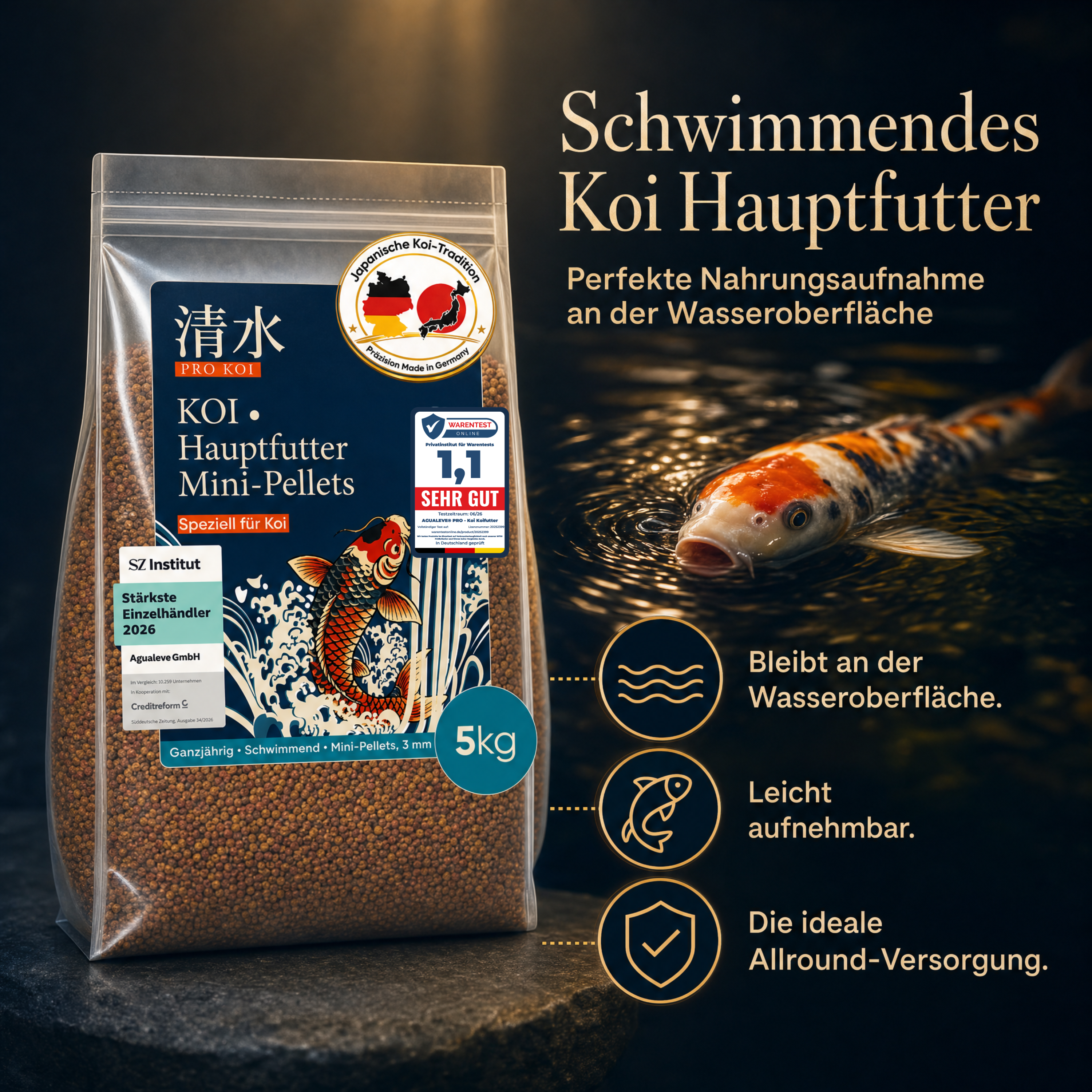 PRO KOI Hauptfutter Mini-Pellets täglich | schwimmende Pellets 3 mm