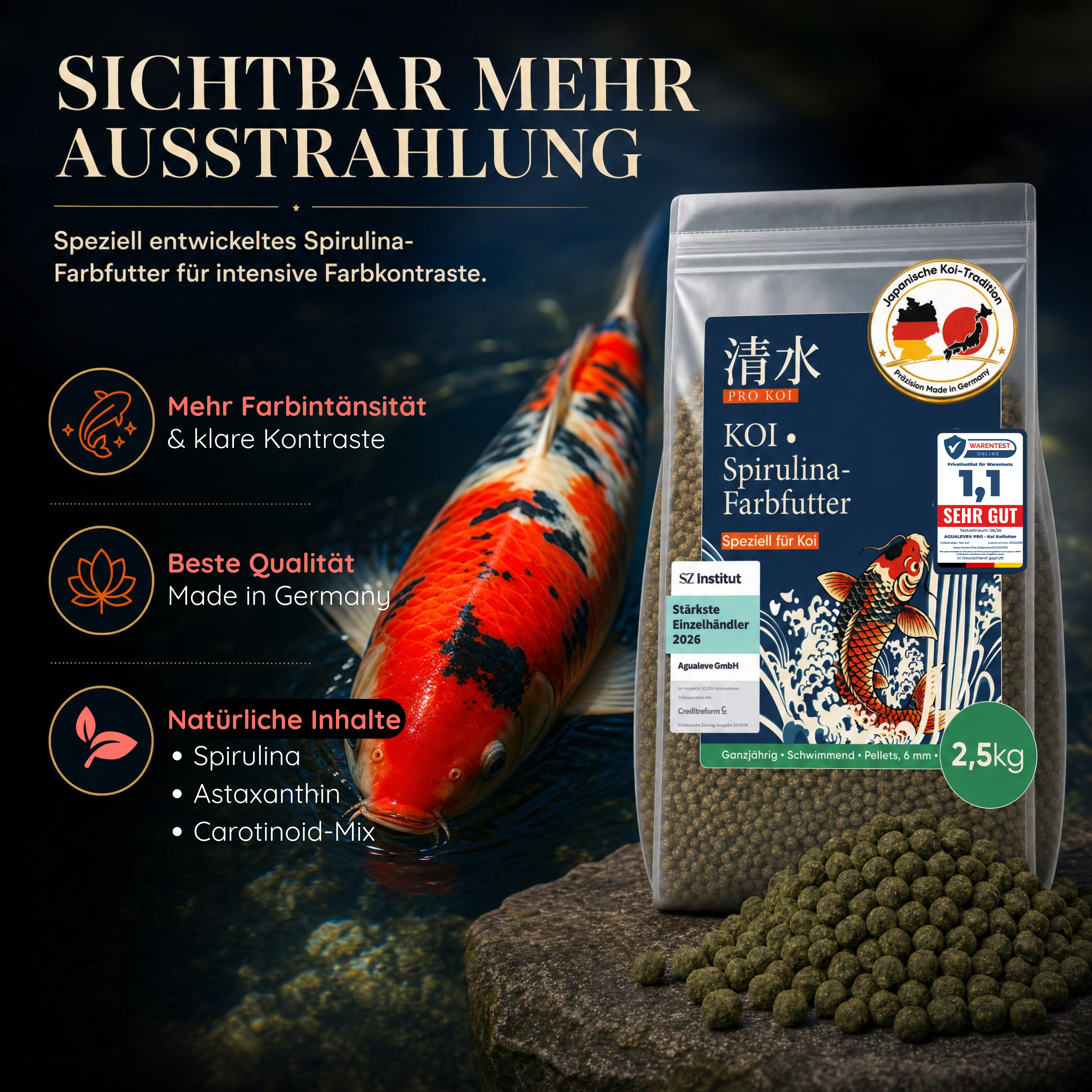 PRO KOI Spirulina-Farbfutter Farbfutter ganzjährig | schwimmende Pellets 6 mm