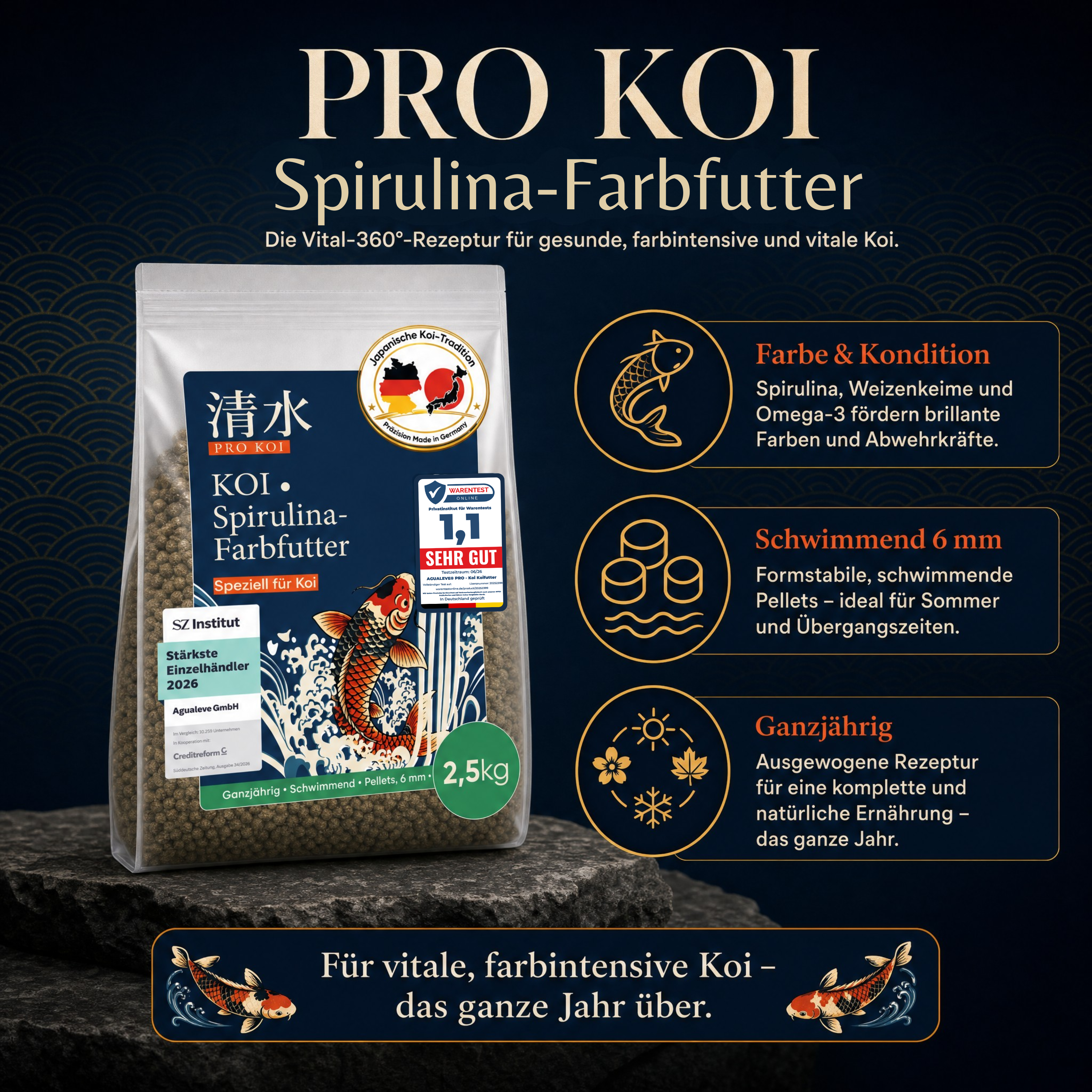 PRO KOI Spirulina-Farbfutter Farbfutter ganzjährig | schwimmende Pellets 6 mm