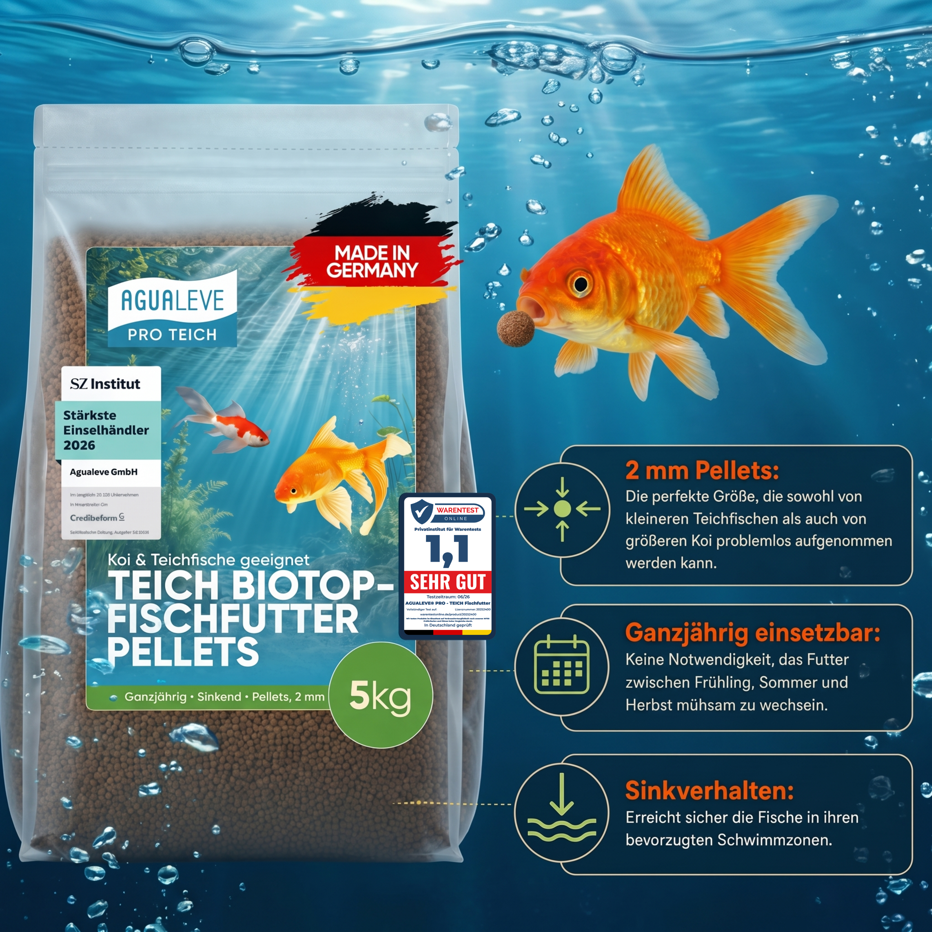 PRO TEICH Biotopfischfutter Pellets ganzjährig | sinkende Pellets 2 mm