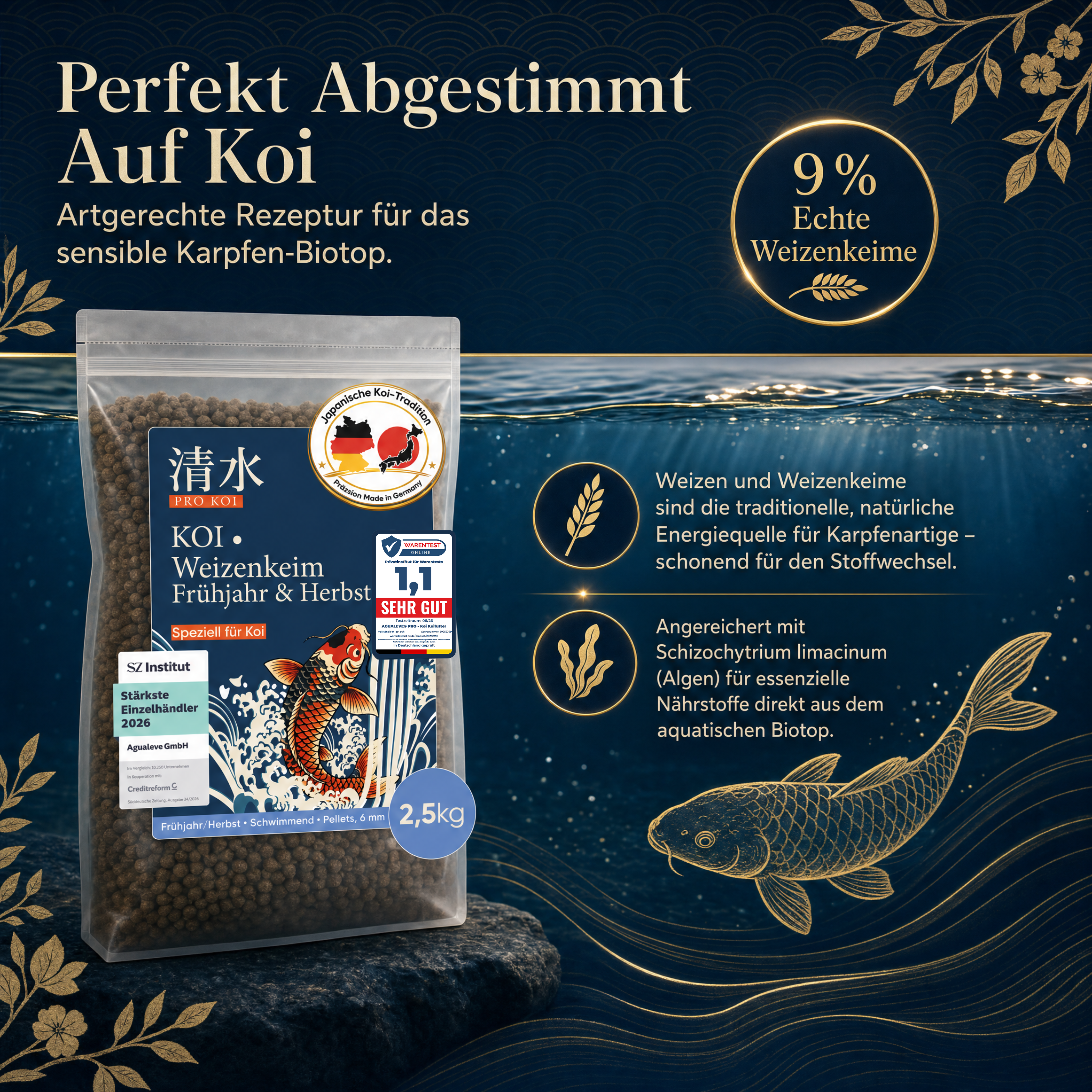 PRO KOI Weizenkeimfutter Frühjahr & Herbst Übergangsfutter | schwimmende Pellets 6 mm