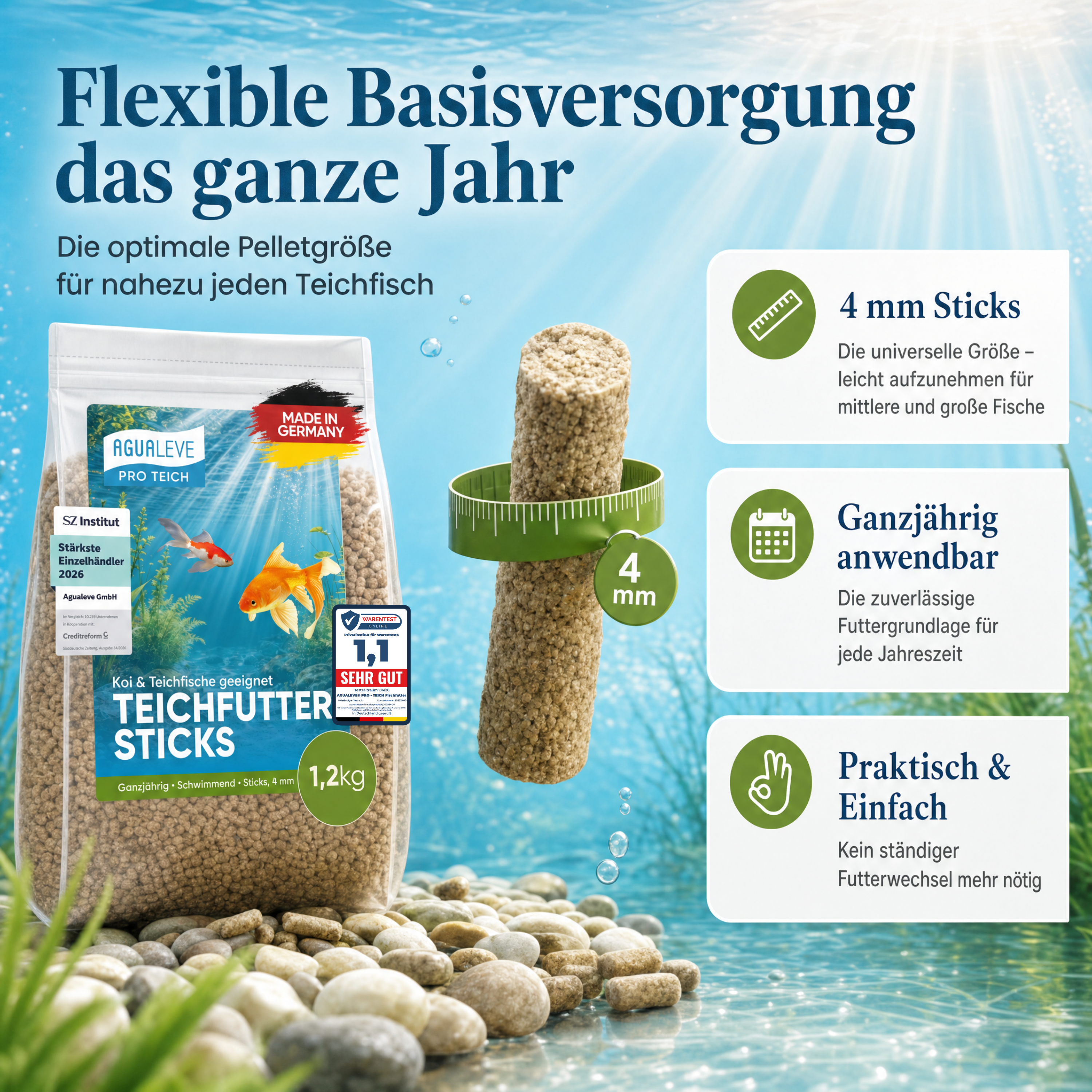 PRO TEICH Teichfutter Sticks ganzjährig | schwimmende Sticks 4 mm