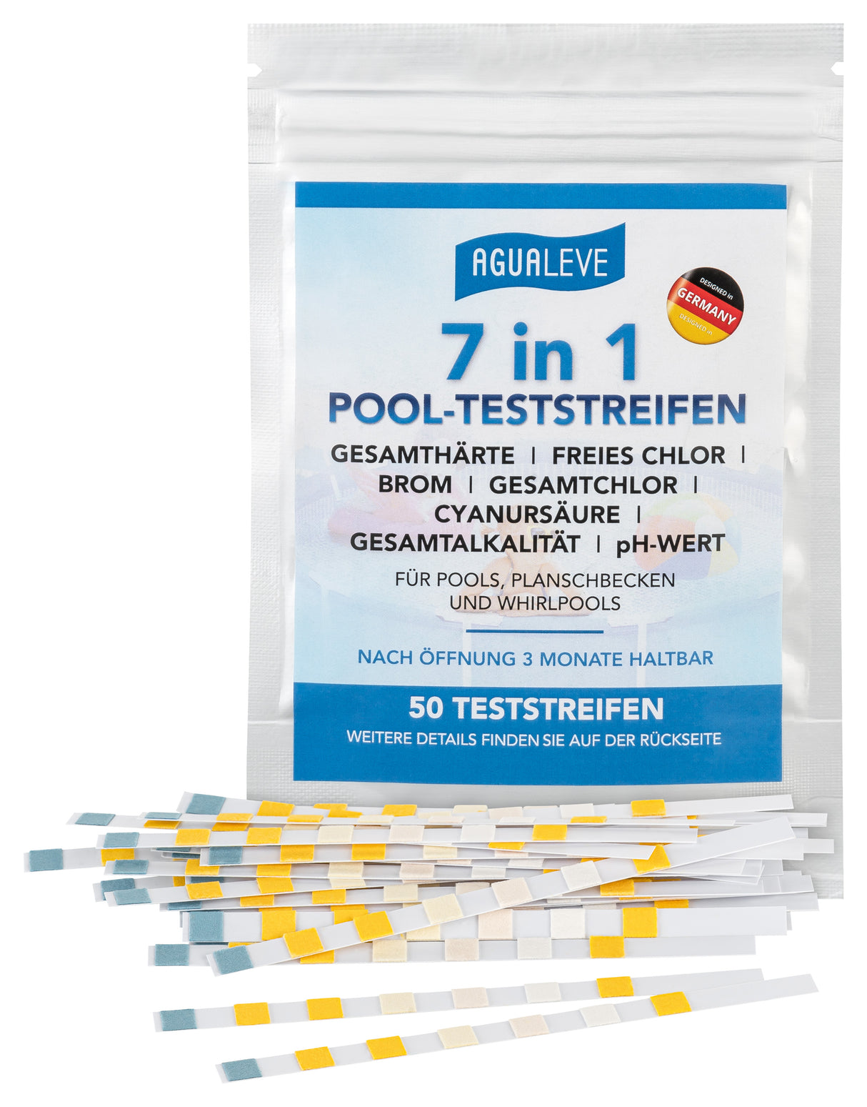 AGUALEVE 7 in 1 Pool-Teststreifen 25 Stück (Gesamthärte, Gesamtalkalität, Cyanursäure, Gesamtchlor, Freies Chlor, Brom und pH-Wert)