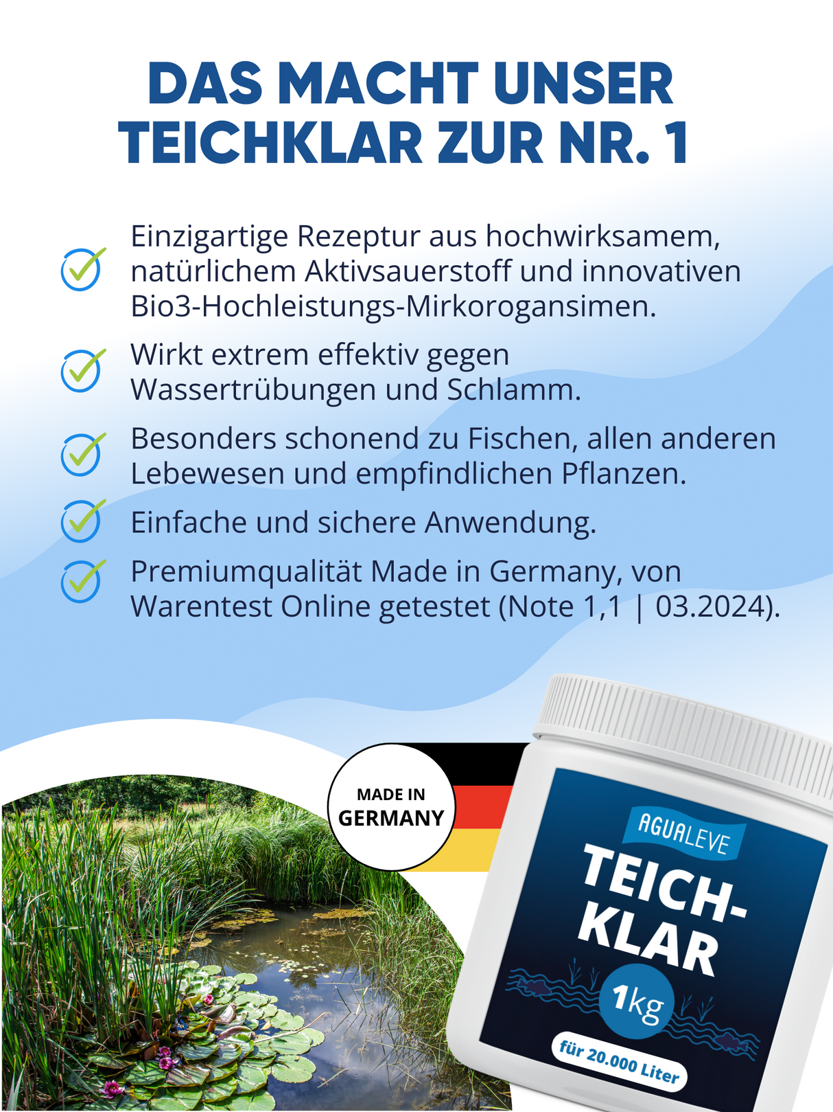 AGUALEVE® Teichklar 1kg | gegen Schwebealgen, grünes & trübes Teichwasser | perfekt für Fischteiche | Markenqualität Made in Germany | für 20.000 Liter Teichwasser | mit Note 1,2 getestet