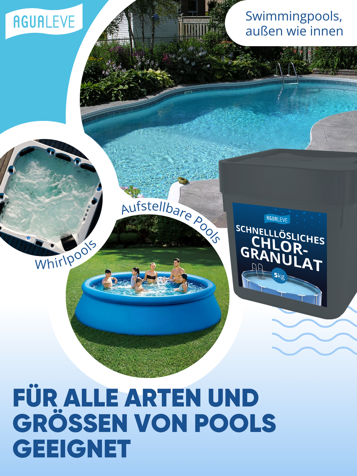 AGUALEVE® Chlorgranulat schnelllöslich 1kg | Sichere und schnelle Desinfektion | Für Pools, Aufstellpools, Whirlpools, Planschbecken | Deutsche Markenqualität | mit Note 1,1 getestet