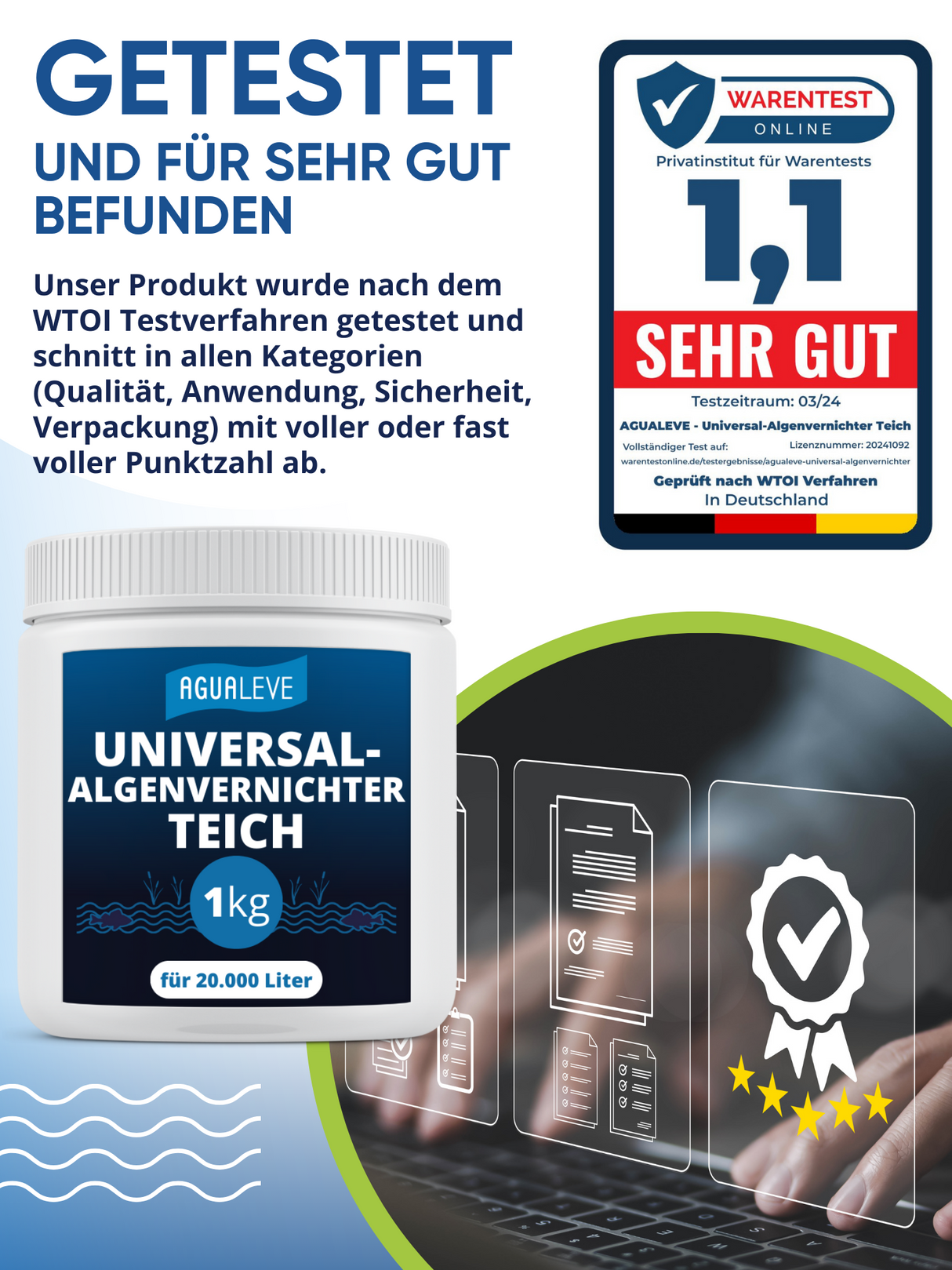 AGUALEVE® Universal-Algenvernichter Teich 1kg | extrem effektiv gegen Teichalgen (alle Algenarten) | perfekt für Fischteiche | Qualität Made in Germany | für 20.000 Liter Teichwasser | Note 1,2