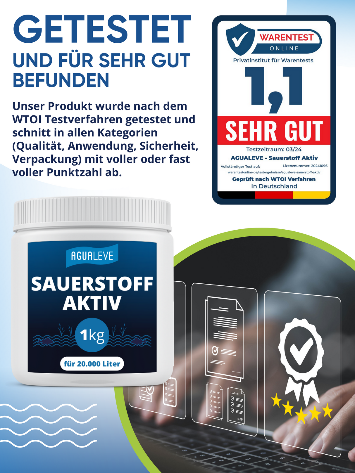 AGUALEVE® Sauerstoff Aktiv 1kg | Soforthilfe bei Sauerstoffmangel + Depotwirkung | perfekt für Fischteiche | Markenqualität Made in Germany | für 20.000 Liter Teichwasser | mit Note 1,2 getestet