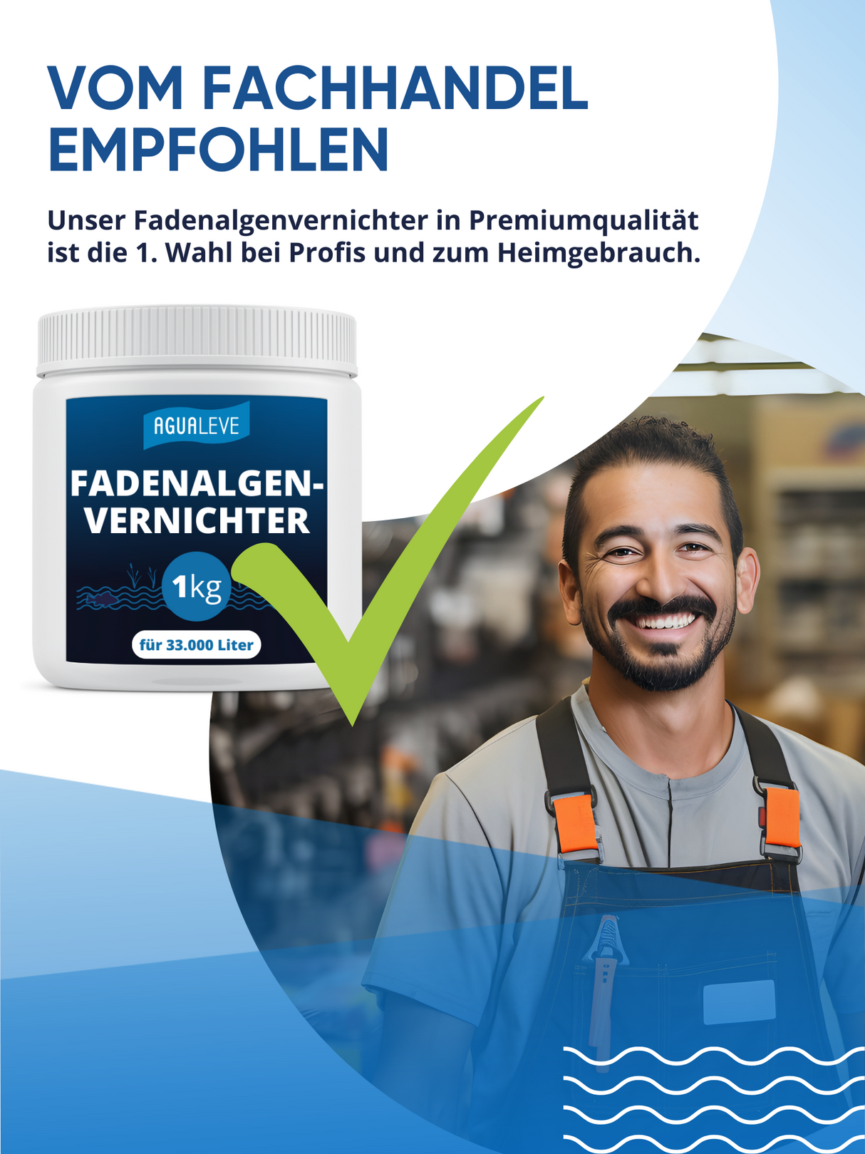 AGUALEVE® Fadenalgenvernichter 1kg *NEU* | extrem effektiv gegen Fadenalgen | perfekt für Fischteiche geeignet | Markenqualität Made in Germany | für 33.000 Liter Teichwasser | mit Note 1,2 getestet