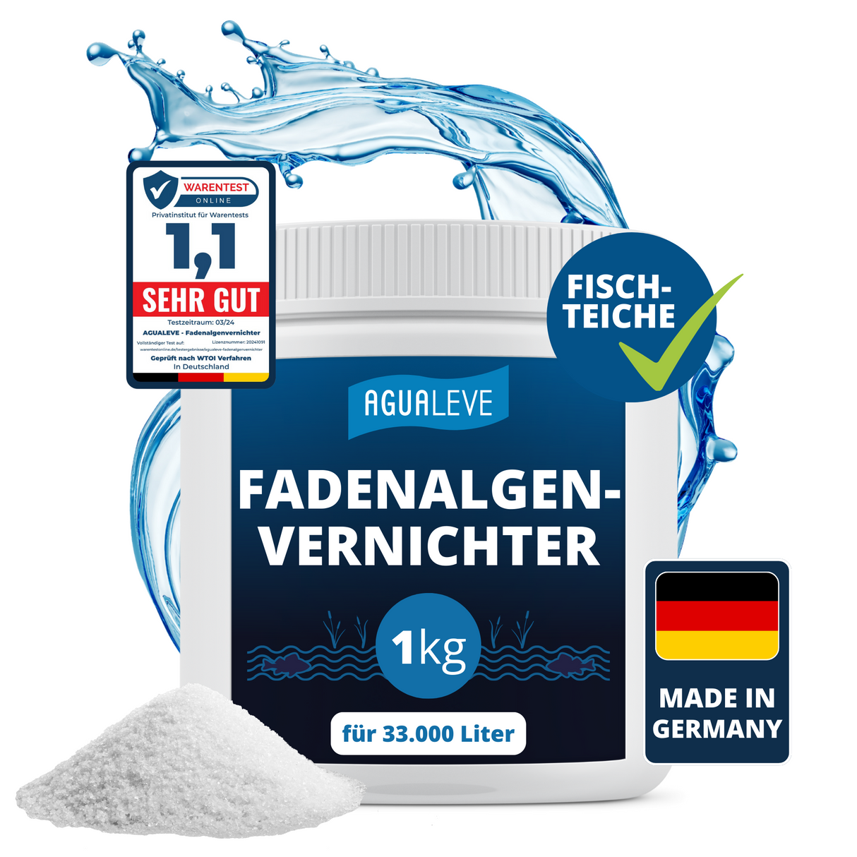 AGUALEVE® Fadenalgenvernichter 1kg *NEU* | extrem effektiv gegen Fadenalgen | perfekt für Fischteiche geeignet | Markenqualität Made in Germany | für 33.000 Liter Teichwasser | mit Note 1,2 getestet