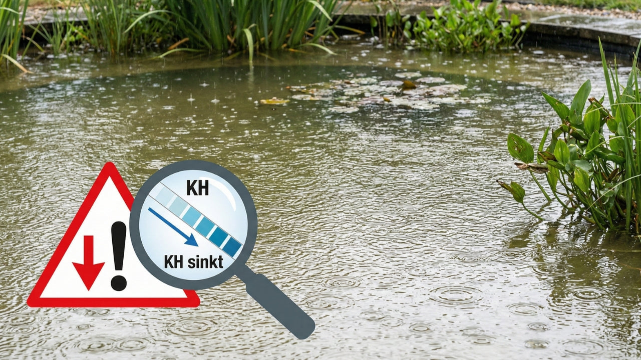 KH-Wert sinkt im Teich durch Regenwasser.