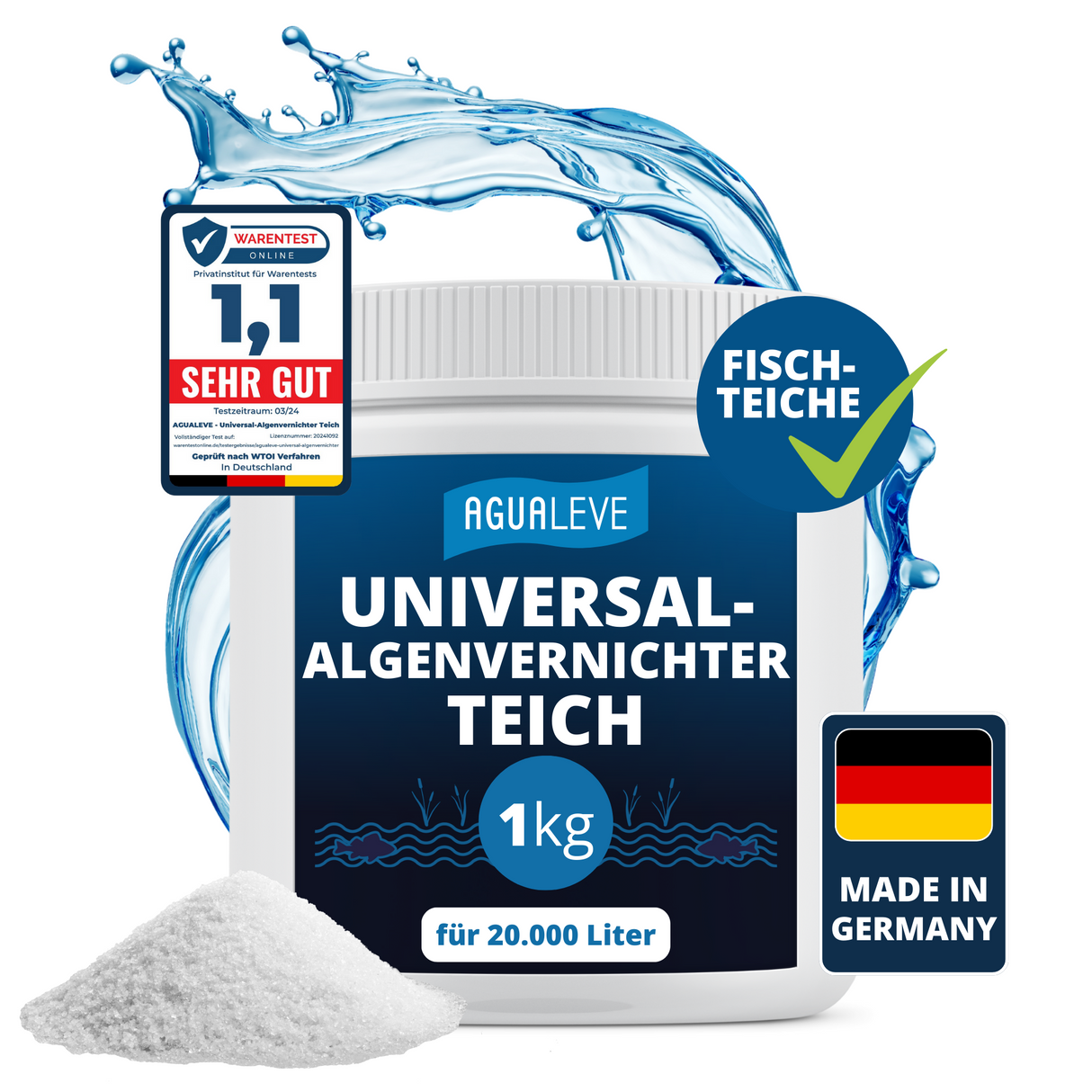 AGUALEVE® Universal-Algenvernichter Teich 1kg | extrem effektiv gegen Teichalgen (alle Algenarten) | perfekt für Fischteiche | Qualität Made in Germany | für 20.000 Liter Teichwasser | Note 1,2