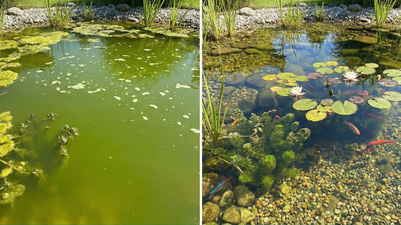 Algen im Teich Sommer vorher nachher Vergleich.