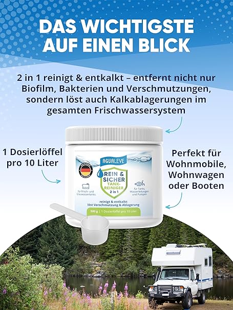 2 in 1 Frischwassertank-Reiniger mit Aktivsauerstoff – reinigt und entkalkt Tank & Leitungen im Wohnmobil