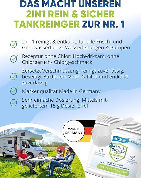 2 in 1 Frischwassertank-Reiniger mit Aktivsauerstoff – reinigt und entkalkt Tank & Leitungen im Wohnmobil