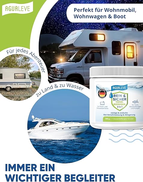2 in 1 Frischwassertank-Reiniger mit Aktivsauerstoff – reinigt und entkalkt Tank & Leitungen im Wohnmobil